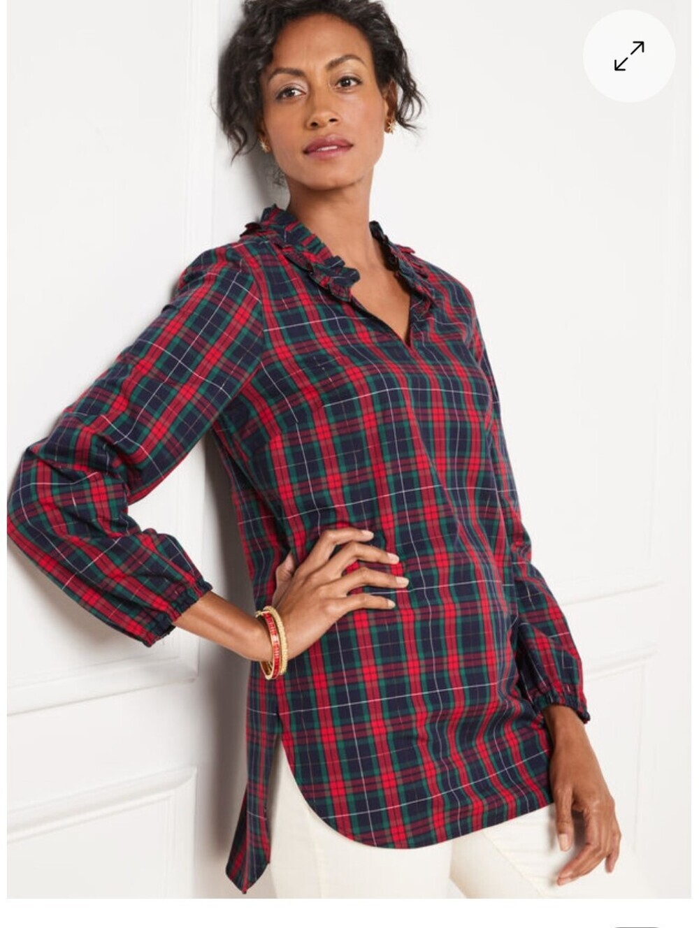 Talbots Red & Green Plaid Ruffle-Trim Tunic Top Size Large